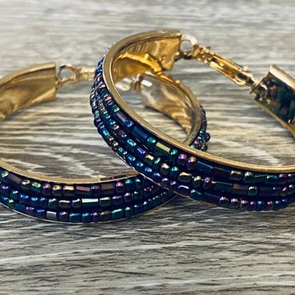 Blue Bead 1 3/4" Hoop Earrings NEW - Picture 1 of 2